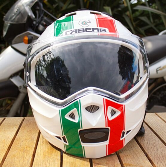 Italian motorcycle helmet with an Italian flag on it