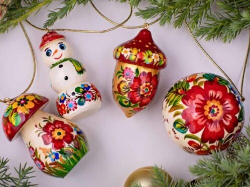 four tree decorations in different shapes - made in Ukraine