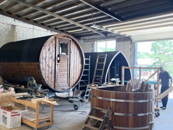 workshop making custom barrel saunas
